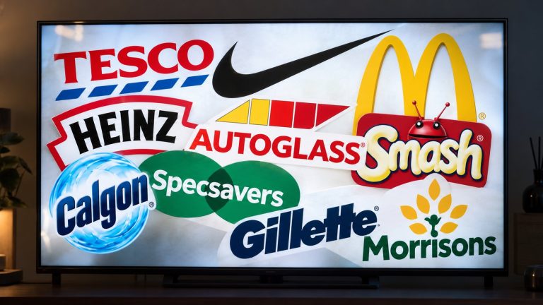 A television showing a collage of well-known brand logos, including Tesco, Heinz, Autoglass, Specsavers and Morrisons