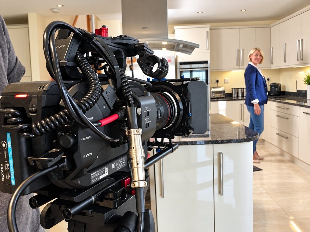 A presenter being filmed in a kitchen for a TV advert