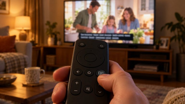 A hand holding a TV remote with a thumb on the subtitles button, and a TV advert with subtitles in the background