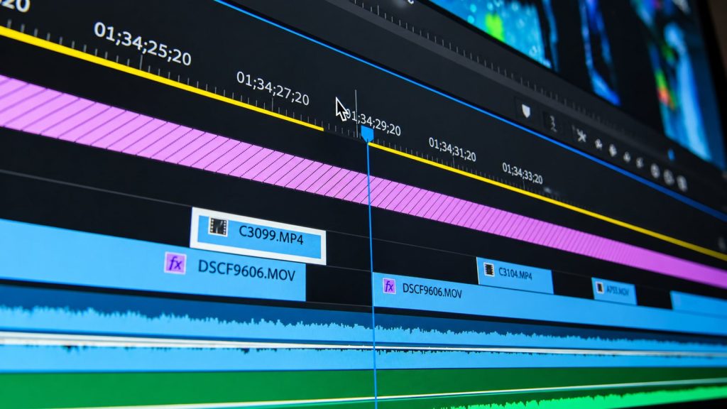 A video editing timeline showing clips and timecodes