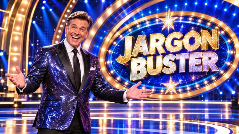 A game show host in a sparkly jacket in front of a glittering sign that reads Jargon Buster