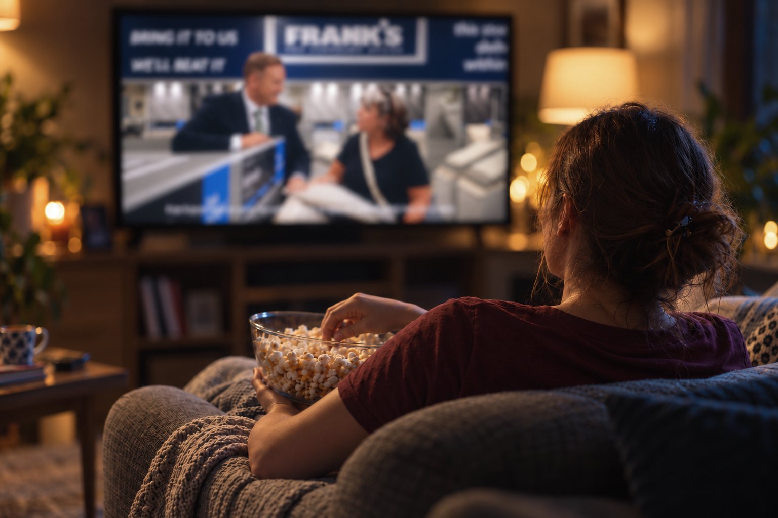 Someone at home on the sofa watching a TV advert