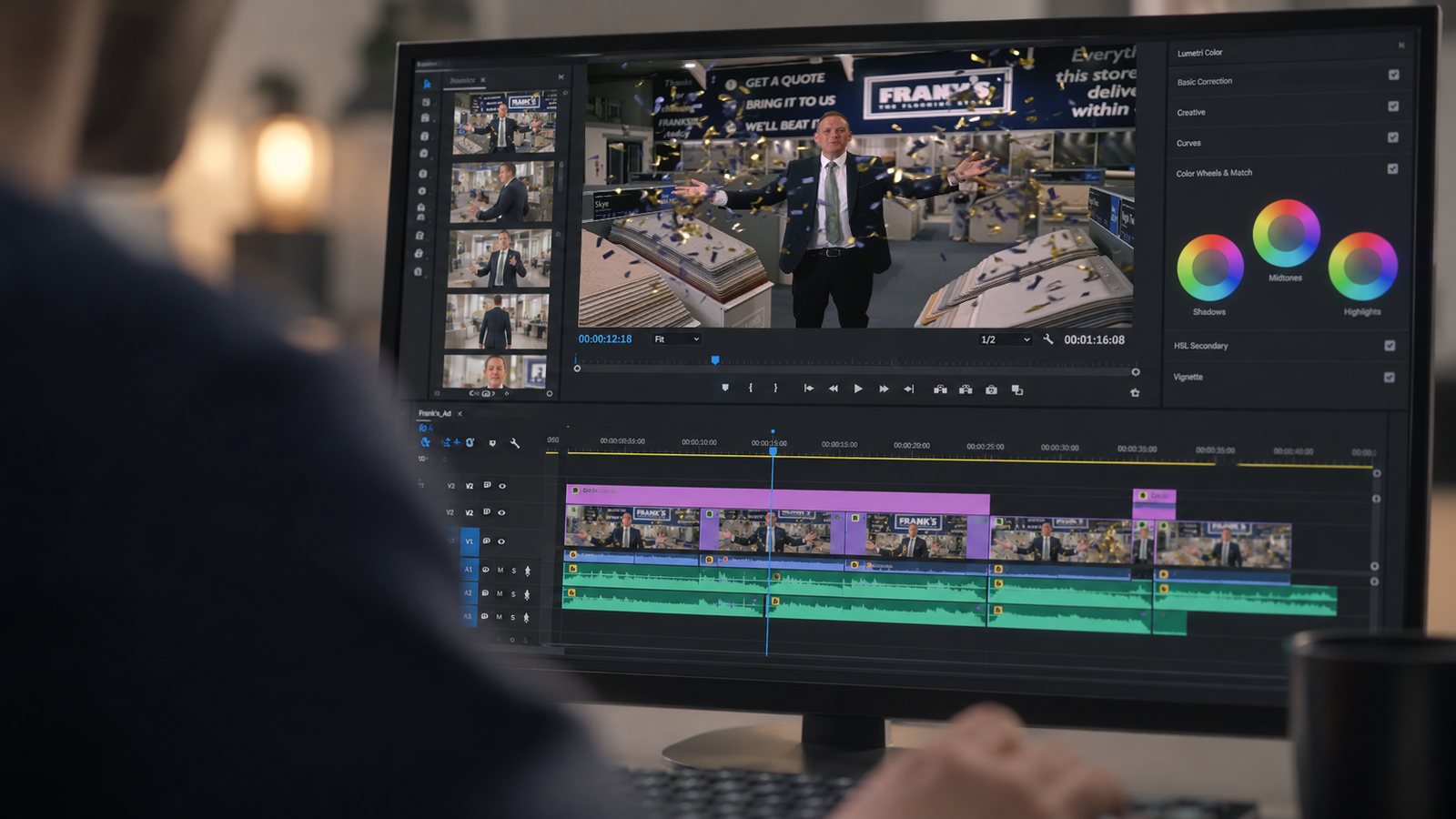 A TV advert being edited and colour graded on screen